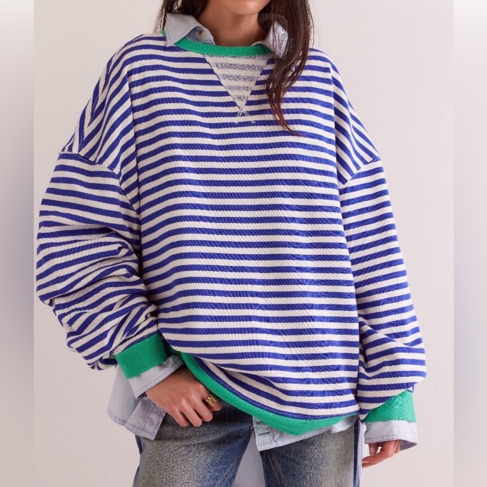 Free People Striped Classic Crew Blue and White Sweater with Green Accents